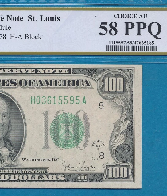 $100. 1934-C mule ST. LOUIS  DISTRICT GREEN SEAL FRN PCGS AU58PPQ