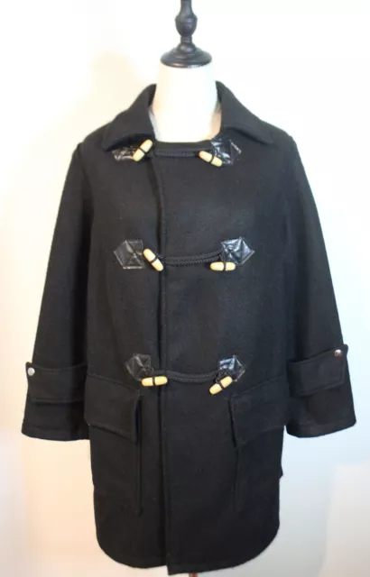 Vintage 70's Kids Size 12 Norwellan Bluey Junior Black Wool Duffle Jacket Coat 2