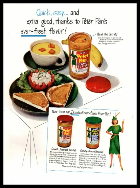 1949 Derby Peter Pan Peanut Butter Red Top Creamy & Green Top Crunchy Print Ad