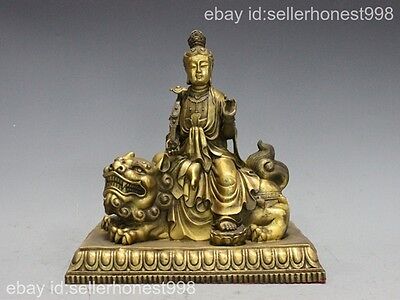 China Buddhist PuXian Kwan-yin on Foo Dog lion Brass Lucky Ruyi goddess Statue