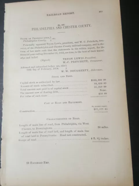 1874 train report PHILADELPHIA & CHESTER COUNTY RAILROAD Downington PENNSYLVANIA