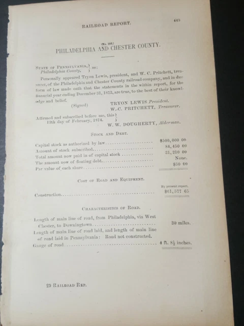1874 train report PHILADELPHIA & CHESTER COUNTY RAILROAD Downington PENNSYLVANIA