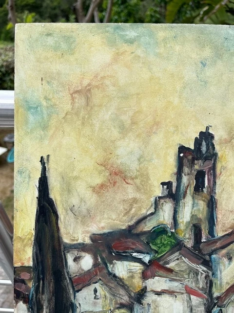 Peinture Moderniste / Cubiste Française Des Années 1950 Signée, Vue D Village Français Vert