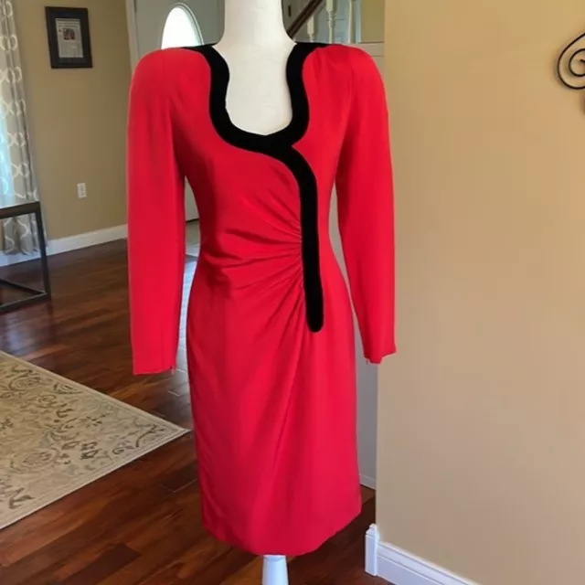 VTG 90s Carolina Herrera 100% Silk, Velvet Detailing, Ruched Red Dress, size 10