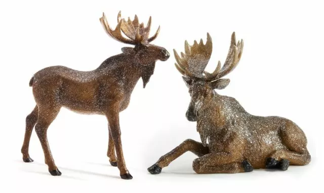 Moose Figurines Set of 2 Standing and Sitting 8" - 11" High Poly Stone Glitter