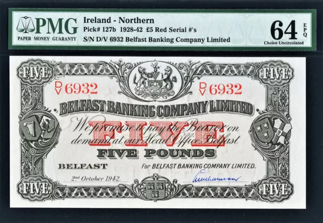 Northern Ireland 5 Pounds 1942 Pick-127b Choice UNC PMG 64 EPQ