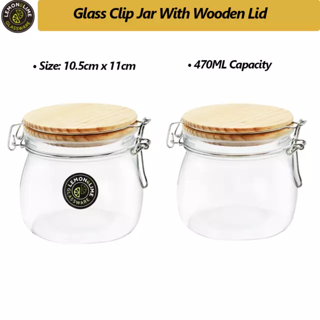 Glass Clip Lock Jar Wooden Lid Airtight Food Kitchen Storage Container 470ML