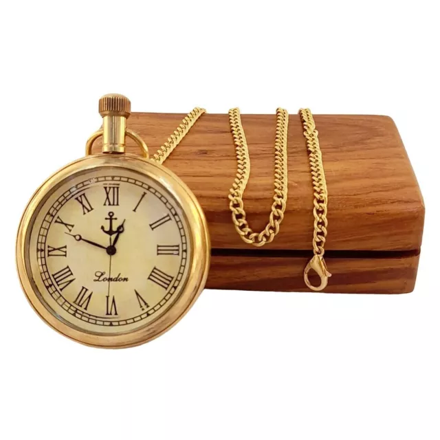 Antique Style Brass Pocket Watch Chain Wooden Box Roman Numbers Gift