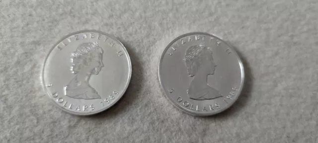 2 x Kanada-Canada Silbermünze, Maple Leaf 5 Dollars 1989