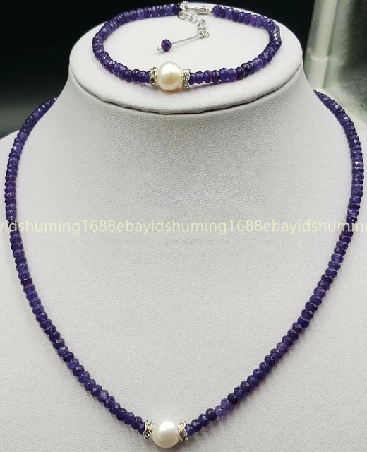 Natürliche 2x4mm Facettiert Lila Amethyst & 9-10mm Perle Halskette Armband Set