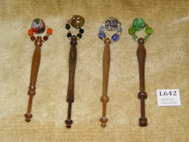 4x DECORATIVE NATURAL Dark WOOD LACE MAKING BOBBINS with VINTAGE GLASS SPANGLES