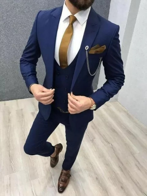 Hommes Palefrenier Costume Bleu 3 Pièce Slim Fit Mariage Soirée Dîner Manteau