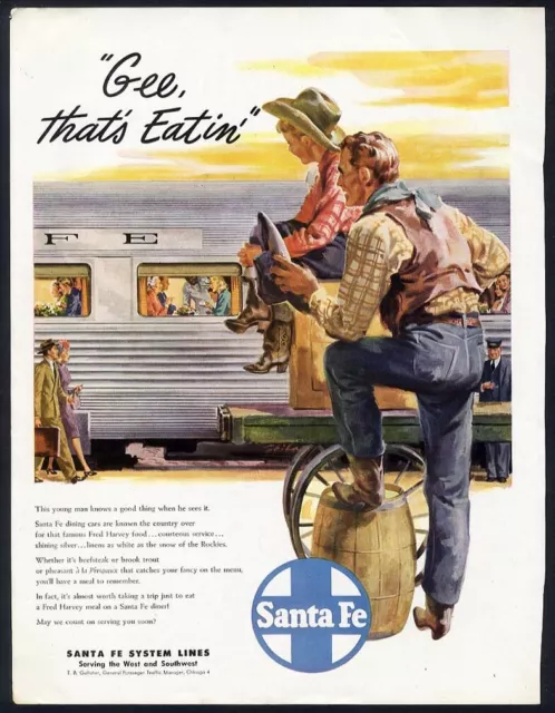 SANTA FE Railroad Ad 1947 Cowboys Watch Train Go By FRED HARVEY