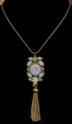 Michal Negrin Necklace Sea Green Crystals Roses Cameo Pendant Victorian Antique