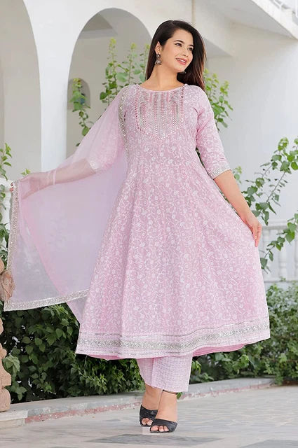 Kurti Women Bollywood Gown Indian Pakistani Pink Anarkali Pant Dupatta Set Suit