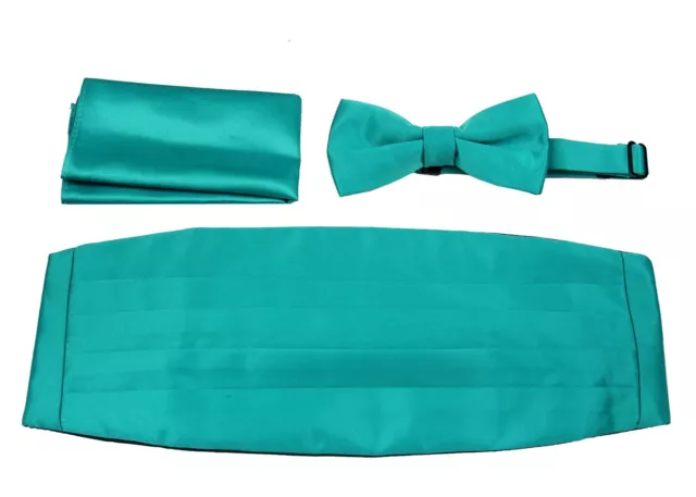 Men's Solid Teal 3 Piece Cummerbund Bow Tie Hanky Set Formals Proms Weddings