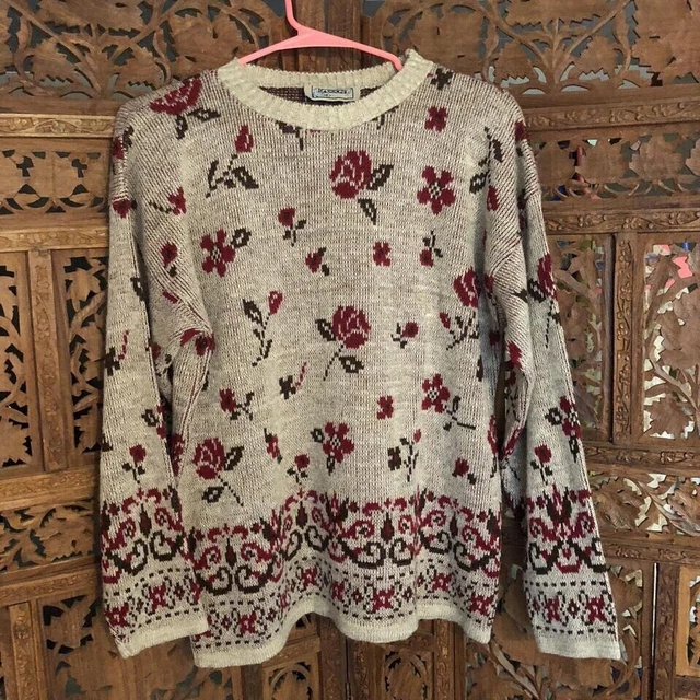 Vintage Sasson 1980s Sweater Red Rose Cottage Garden Tapestry Cozy Slouchy S/M