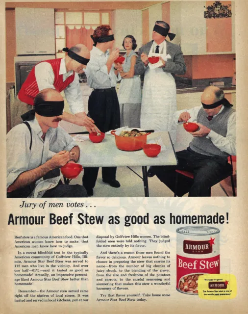 Armour Beef Stew 'Good as Homemade!' - Men Blindfolded - 1955 Print Ad