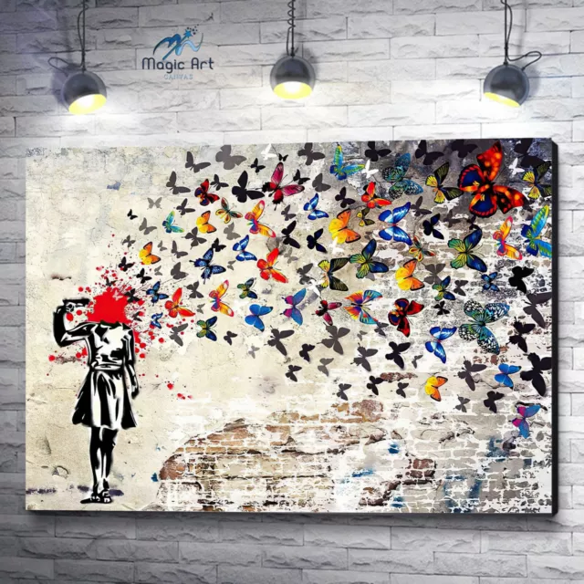 Banksy Canvas | Little Girl & Butterfly Urban Style Street Art, Graffiti Artwork