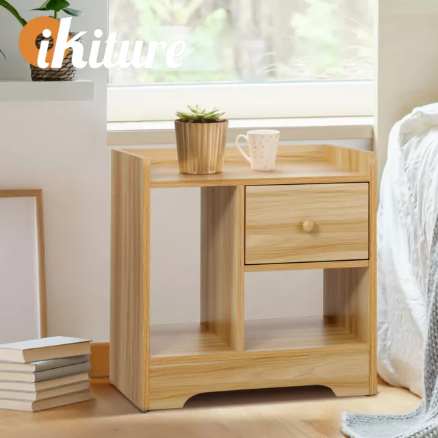 Oikiture Bedside Table Wooden Side Table Bedroom Nightstand Storage Drawer Shelf