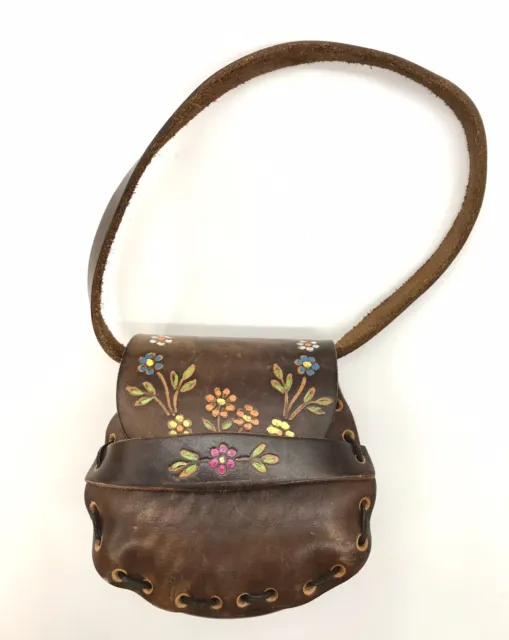 Vtg Small Hand Tooled & Painted Floral Brown Leather Shoulder Purse Bag 6” Boho