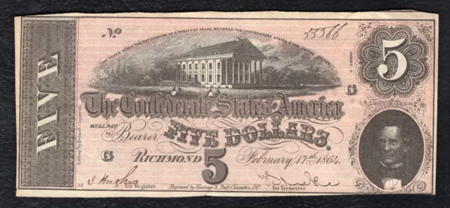 T-69 1864 $5 Five Dollars Csa Confederate States Of America Note Extremely Fine