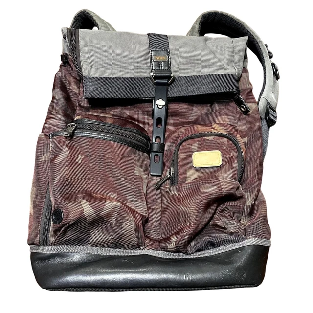 Tumi Alpha Bravo Luke Roll Top Backpack Dark Red Camo Print Nylon Leather Trim