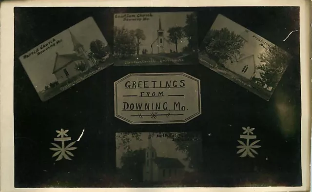 Real Photo Postcard 4 Views of Downing, Missouri - circa 1908 - Churches