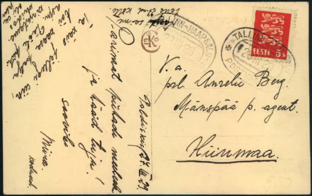 Estland; 5 S. Freim. 1928/29 AK Bahnpost-Ovalstpl. "TALLINN - HAAPSALU" 1939