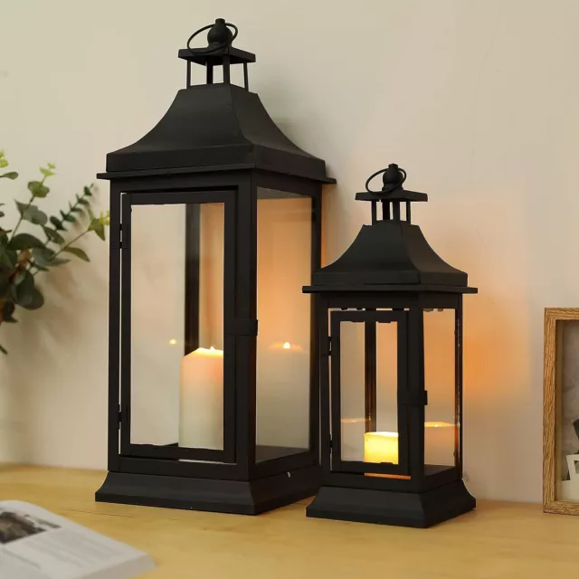 TRIROCKS Set of 2 Farmhouse Wooden Lantern Metal Candle Holders Clear Glass