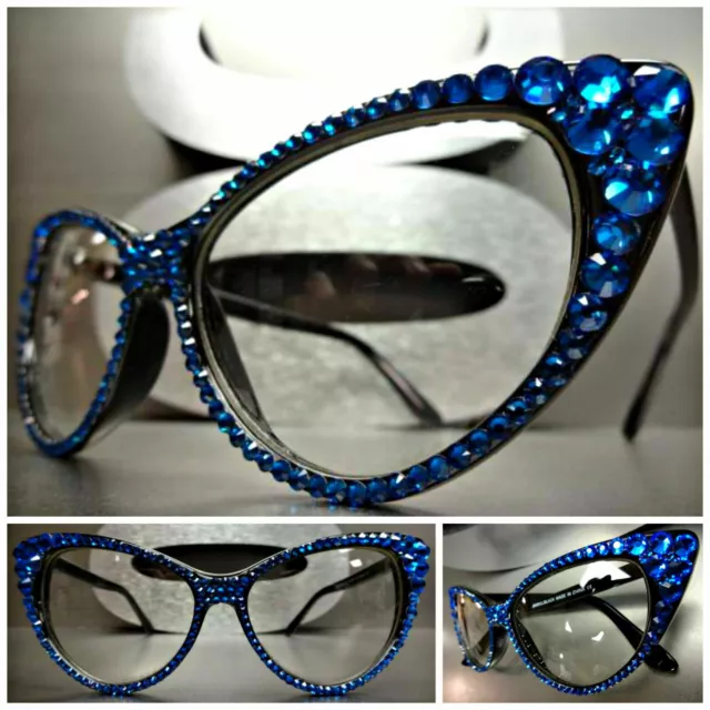 Womens VINTAGE RETRO CAT EYE Style Clear Lens EYE GLASSES Blue Crystals Handmade