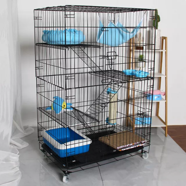 Folding Cat Cage 4 Tier Collapsible Enclosure Playpen Metal Wire Rolling Cage