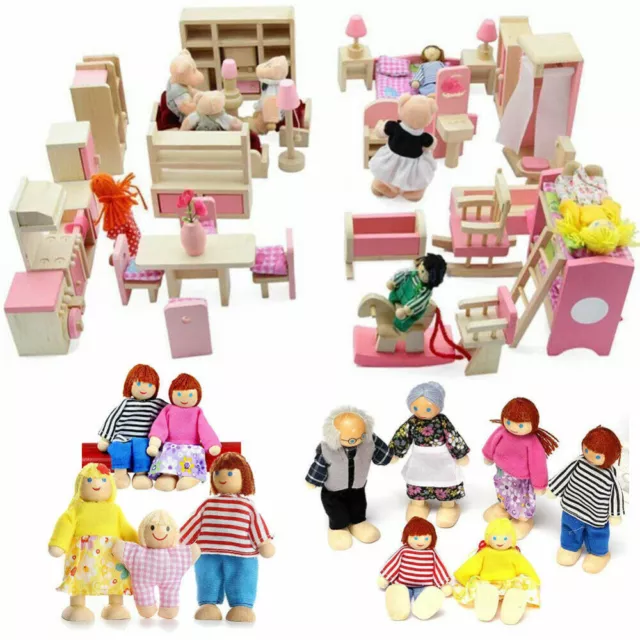 WOODEN FURNITURE DOLLS House Set Room 7 People Family Miniature Toys ...