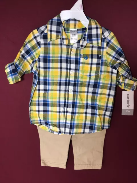 Carters Baby Boy 2-Piece Yellow Blue Plaid Button Down Shirt and Pants 9 M New