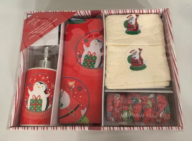 Carnation Home PENGUIN Holiday 16 Piece Bath Set CHRISTMAS SANTA Towel Lotion