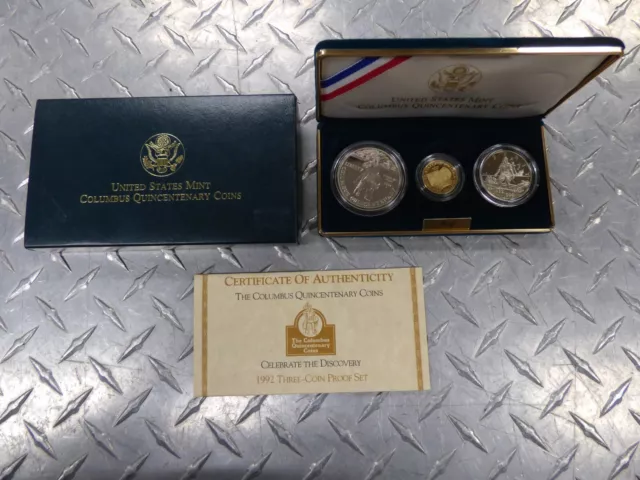 1992 Columbus Quincentenary US Mint 3 Coin Proof Set Gold $5 Silver $1 & Half $