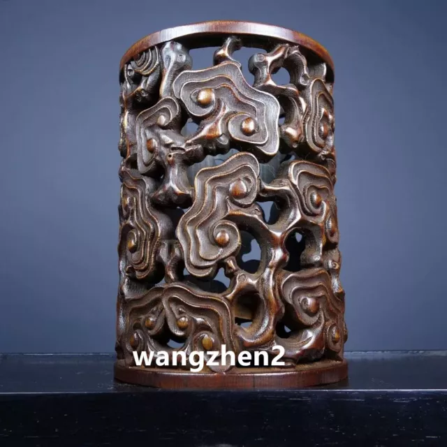 Chinese Wood brush pot Bamboo carving Pen holder Ganoderma lucidum pattern 16cm