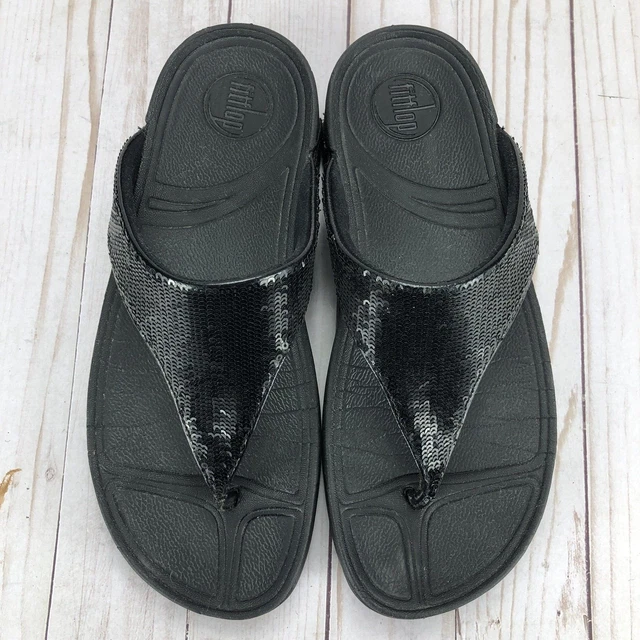 FitFlop Electra Sandals Toe Post Thong Wedge Slip On Black Sequin Womens Size 8