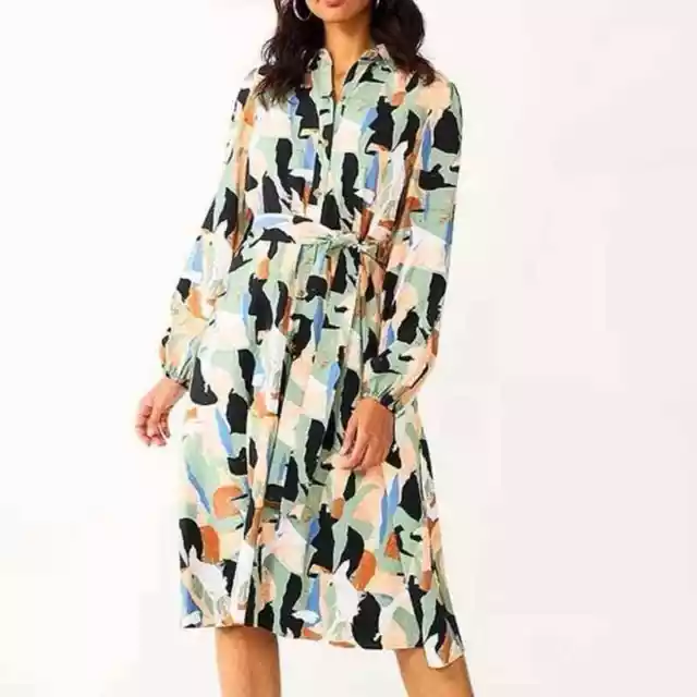 NWT Nine West Abstract Print Tie Waist Midi Shirt Dress - XL