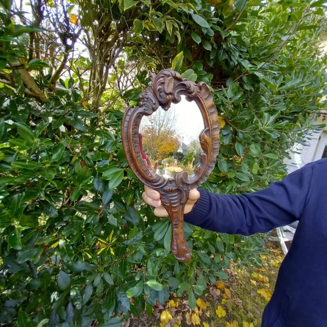 Miroir ancien face à main en bois fin XIX siècle