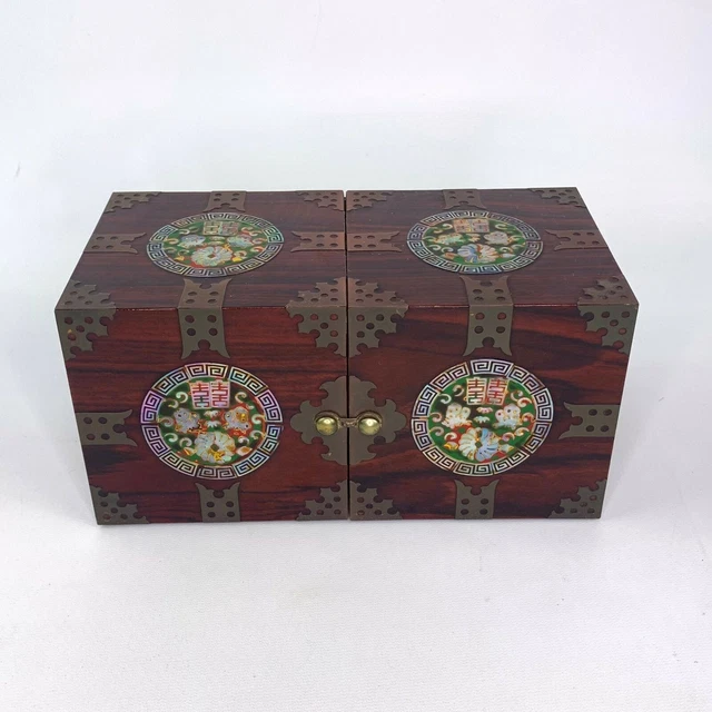 wood and brass folding four drawer Asian jewelry box with mother of pearl inlay