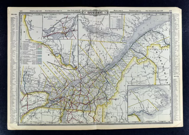 c1899 Cram Railroad Map - Quebec - Montreal St. Lawrence River Canada Very Large