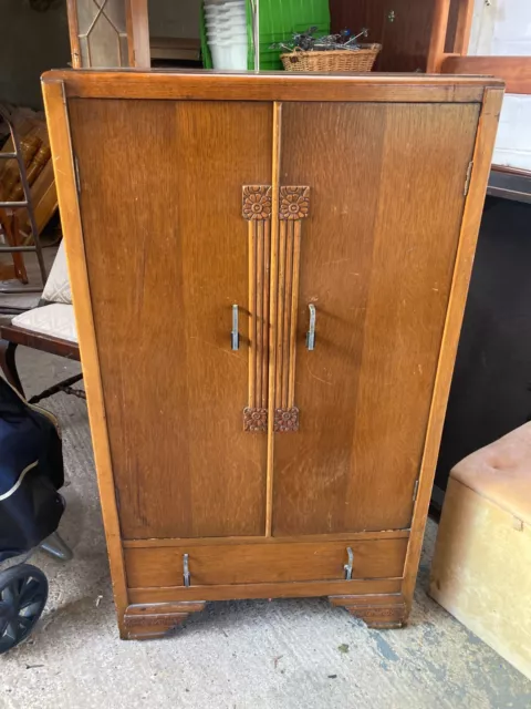 Vintage Art Deco Small Wood Veneer Wardrobe with Drawers Pull Out Rail