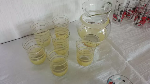 Saftset Saftkrug 6 Saftgläser dünnes Glas Gelb Vintage 70er Jahre Karaffe Kanne