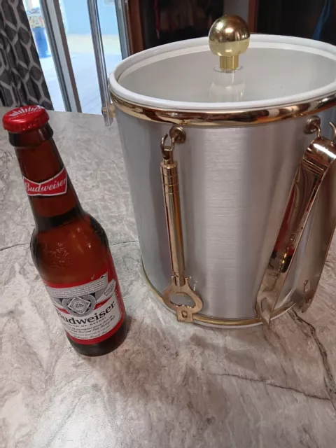 Brushed Silver Insulated Ice Bucket With Bottle Opener & Tongs