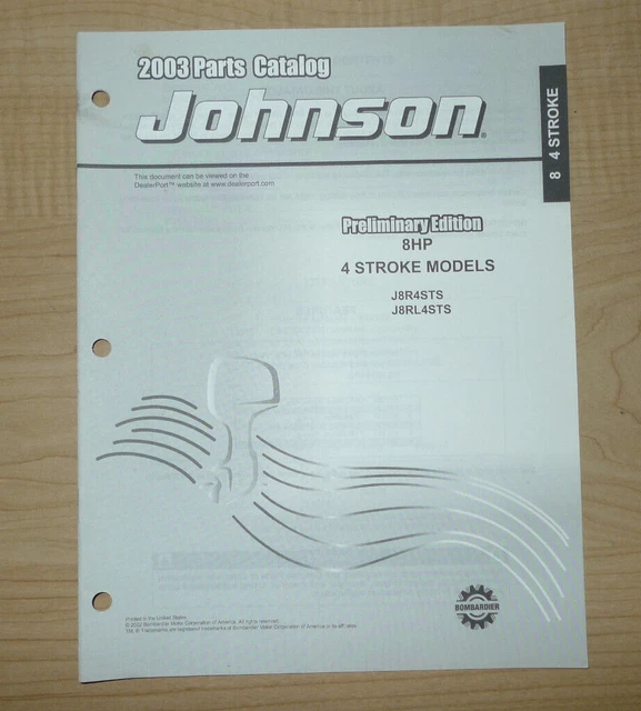 Johnson Outboard  2003 Parts Catalog  8 HP 4 Stroke Models Free Shipping