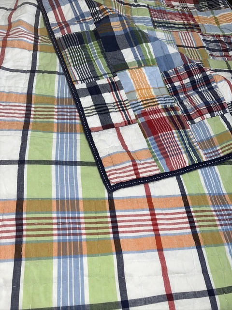 Pottery Barn Kids Hand Stitched Madras Quilt Blue Plaid Patchwork 86” Full Queen
