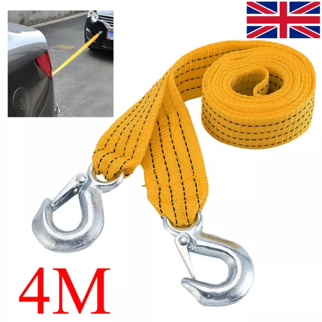 4m Heavy Duty 3 Ton Car-Tow Cable Towing Pull Rope Strap Hooks Van Road Recovery