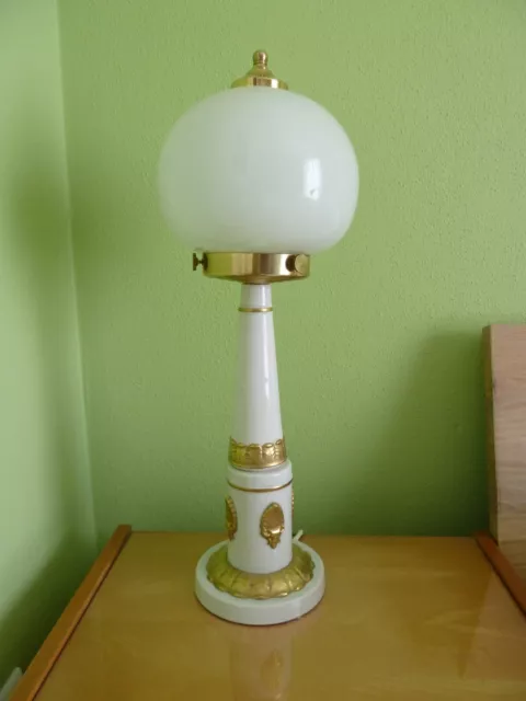 Art Deco Lampe  Porzellanfuß Weiß Gold  Tischlampe Glaskugel