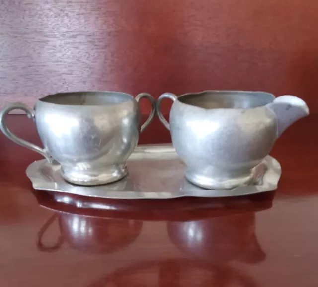 Vintage Genuine Pewter Creamer & Sugar Bowl Serving Set with Tray-Set of 3